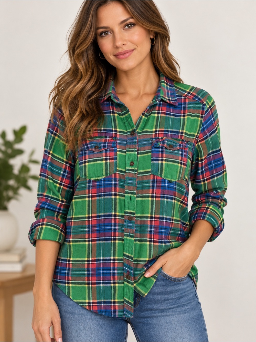 Abercrombie & Fitch Green and Blue Plaid Button-Down Shirt